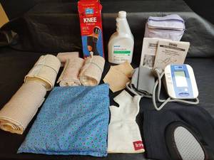 lot 416 image: ReliOn Blood Pressure Monitor HEM-412CREL with Medical Supplies, Knee Stabilizer and More