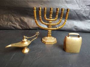 lot 449 image: Jerusalem Brass Menorah, Brass Bell and More