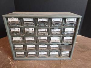 lot 1575 image: Metal Hardware Storage Cabinet with Contents