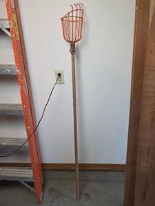 lot 1589 image: Orange Metal Fruit Picker with Wooden Handle