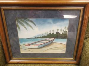 lot 38 image: Original Water Color Artwork  - Tropical Beach Scene with Boat by Jorge Duarte, Costa Rica, 22.5 x 18.5