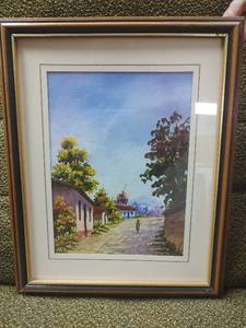 lot 41 image: Original Mediterranean Village Path Watercolor, Costa Rica, 15.5 x 12.5