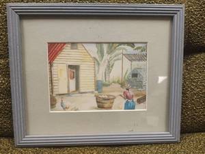 lot 44 image: Caribbean House Scene Print by Rosine Smith, Caribbean Islands, 11.5 x 9.5