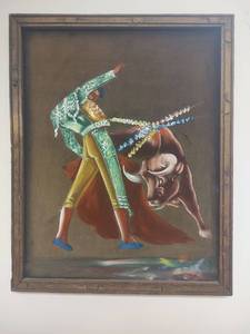 lot 45 image: Spanish Matador and Bull Original Painting on Velvet, 15 x 19