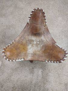 lot 1028 image: Decorative Leather Folding Stool with Horse and Carriage Design, Costa Rica, 20 tall x 14 wide