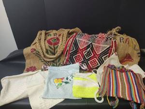 lot 1052 image: Vintage Handmade Floral Burlap Drawstring Shopping Bags from Nicaragua, Woven Textile Bags and More