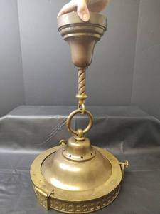 lot 1079 image: Vintage Brass Victorian Era Ceiling Light Fixture with Ornate Greek Key Pattern Border, 20 inches tall