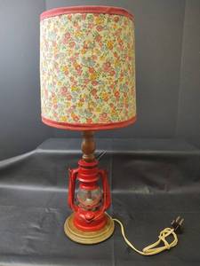 lot 1085 image: Red Lantern Table Lamp with Floral Shade, Works