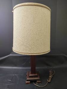 lot 1086 image: Mid-Century Wood Table Lamp with Fabric Shade, Works
