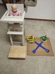 lot 1087 image: Homemade White Wooden Doll High Chair with Ring Toss Game and Step Stool