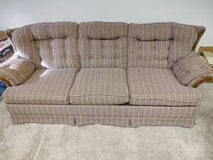 lot 1089 image: Sofa Sleeper - Brown with Light Blue and Cream Striped Tufted Sofa with Wood Accents, 86 inches Wide