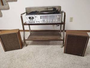 lot 1093 image: Zenith Beltdrive Record Player System with Stand with Wheels.  Powers on