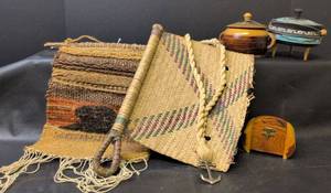 lot 1100 image: South American Wood Trinket Boxes, Wall Hanging, and Fan