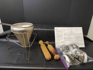 lot 1145 image: Golden Harvest Canning Set with Strainer and Wooden Pestles and More