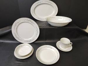 lot 1153 image: Forget-Me-Not China Set by Japan, Complete 8 Place Setting Plus Serving Dishes, All NEW IN BOX