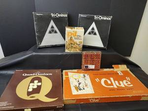 lot 1155 image: Board Game Collection - Clue, Tri-Ominos, Quad-Ominos, Pit