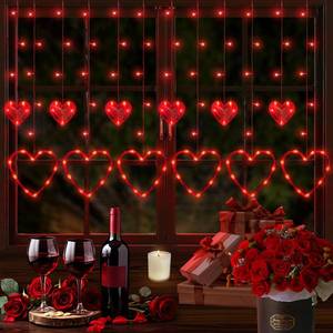 lot 54221 image: Valentines Day Decor, 138LED 12 Hearts Curtain Lights for Bedroom, Window Lights with Remote 8 Modes, USB and Battery Powered Valentines Lights for Wedding Birthday Anniversaries Party Decor (Red)