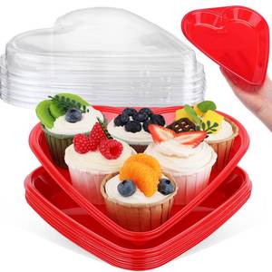 lot 54223 image: Valentines Heart Shaped Serving Tray Platter Plastic Red Heart Disposable Plates Valentines Day Dessert Plates Snack Tray with Clear Lids for Valentine Birthday Party Table Decoration (5 Set) - Retail $16