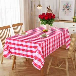 lot 54227 image: V-Day Checkered Fabric Rectangle Table Cloth- 60 x 120 Inch -Polyester Heart Pattern Tablecloth, Table Cover Protector for Party, Wedding, Valentine Decoration Use, Red & White - Retail $20