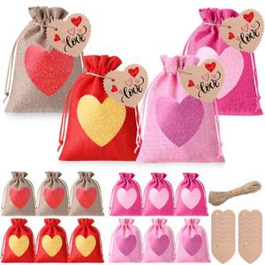 lot 54228 image: 16 Packs Valentines Day Burlap Bag Heart Gift Bags Small Drawstring Wedding Favor Sacks Jewelry Candy Pouches Linen Pockets with DIY Tags Rope for Christmas. - Retail $15