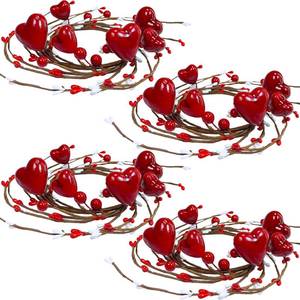 lot 54237 image: 4 Pcs Valentine Candle Rings Wreaths Red Heart and Berry Candle Holder Rings Red Pip Berry Candle Rings Mini Wreaths 9.5 Wide for Valentines Day Wedding Windows Table Centerpieces (Red)