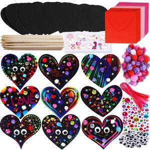lot 54238 image: 27 Sets Magic Color Scratch Paper Heart Ornaments Bookmarks Valentine Craft Kits Scratch Paper Heart Cutouts Pom-poms Googly Eyes for Kids Activity Art Project Valentine Party Favor Tree Decoration