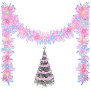 lot 54244 image: 16.4 ft Christmas Tinsel Garland Lighted Metallic Twist Tree Decoration Prelit Battery Operated 50 LED Hanging Garland for Xmas New Year Home Outdoor Decor(Multicolor, Pink) - Retail $13