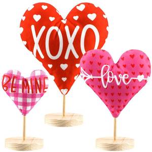 lot 54245 image: 3 Pcs Valentines Day Fabric Heart Ornaments Wood love Sign Love Be Mine Fireplace Mantel Decor Rustic Freestanding Valentines Table Centerpiece for Valentines Day Wedding Party Decoration DIY Crafts - Retail $12