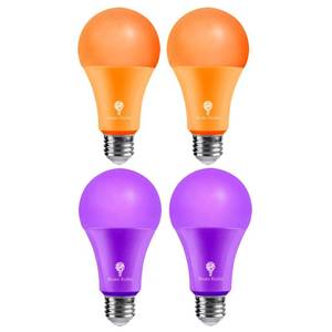 lot 54270 image: 4 Pack BlueX LED A21 Purple Orange Light Bulbs - 15W (120Watt Equivalent) - E26 Base Purple Orange LED Party Decoration, Porch, Home Lighting, Holiday Lighting, Decorative - Retail $54