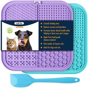 lot 54283 image: Lick Mat for Dogs & Cats 2 Pack with Suction Cups, Dog Lick Mat for Anxiety Relief, Dog Toys to Keep Them Busy, Peanut Butter Licking Pad for Boredom Reducer, Perfect for Bathing Grooming - Retail $8