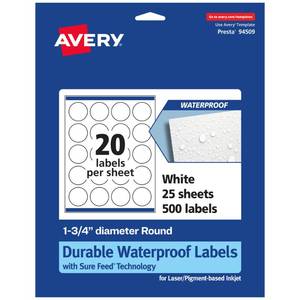 lot 54294 image: Avery Durable Waterproof Round Labels, Sure Feed Technology, 1.75 Diameter, 500 Total, Oil and Tear-Resistant Waterproof Labels, Print-to-The-Edge, LaserPigment-Based Inkjet Printable - Retail $36