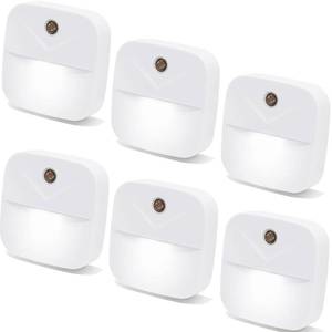 lot 54296 image: 6 Pack Night Light Plug in, White LED Nightlights with Smart Dusk to Dawn Sensor, Plug into Wall Nightlights Suitable for Bedroom, Bathroom, Hallway, Kitchen, Stairs, Kids, Adults - Retail $10