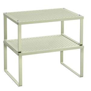 lot 54312 image: Spice Racks, Set of 2 Metal Cabinet Shelf Organizers, Countertop Organizers, Shelf Risers, Stackable, Expandable, Sage Green. - Retail $49