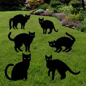 lot 54316 image: 6 Pack Halloween Black Cat Yard Signs with Stakes Scary Silhouette Halloween Decorations for Outdoor Yard Lawn Garden Halloween Decor - Retail $18