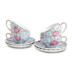 lot 54318 image: Tea Cup and Saucers, 6.4oz Floral Tea Cups with Gold Trim, Porcelain Teacup, Coffee Cappuccino Espresso Latte Mugs for Party Birthday, Party Cafe Home, Christmas Gift (Blue) - Retail $32