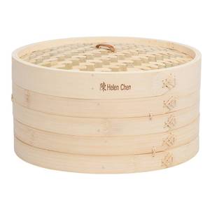 lot 54336 image: Helens Asian Kitchen Bamboo Food Steamer with Lid - 100% Natural Bamboo - Basket Steamers for Cooking Dumplings, Dim Sum, Veggies, Fish, Meat - Preserve Nutrients & Flavors - 12-Inch. THE LID HAS SOME DAMAGE BUT STILL FUNCTIONAL. - Retail $31