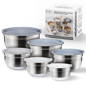 lot 54338 image: COOK WITH COLOR Stainless Steel Mixing Bowls Set with Lids - Nesting Bowls with Non-Slip Bottom, Grey, 12 Pieces - Retail $35