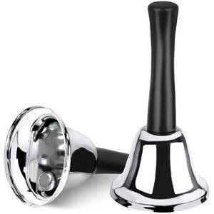 lot 7475 image: 2 Pack Hand Bell, Silver Steel Bell, Ringing Bell with Handle, Dinner Bells for Inside Classroom Bell, for Food Line, Alarm, Jingles, Ringing (Silver)