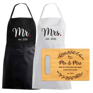lot 7493 image: Palasarkaaa Mr & Mrs Aprons with Pocket and Cutting Board Warming Kitchen Gifts Set for Newlywed, Wedding Housewarming Gifts for Couples 2026