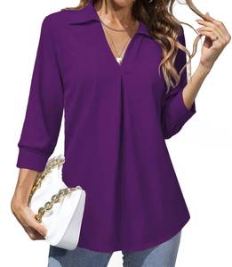 lot 7498 image: Heat Move Womens 34 Sleeve Length Tops Collared V Neck Shirt Dressy Casual Business Blouses for Work Professional (Dark Purple, L)