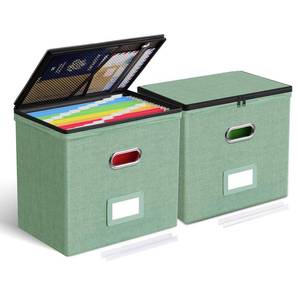 lot 7525 image: Oterri 2 Pack File Organizer Boxes with Lids, File Box with Mesh Pockets, Document Organizer Box for File Folders Letter Size, Zippers Filing Box for Home, Office, School (Green, Without Folders)