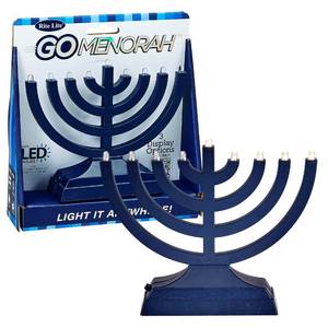 lot 7536 image: Rite Lite Go Menorah Mini Metallic Electric Menorah - LED BatteryUSB Powered Chanukah Menorah Jewish Holiday - Office Car Home Decorations Judaica Hanukkah Gifts, Push Button Multi Light - Blue
