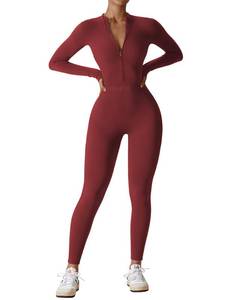 lot 7538 image: YEOREO Women Long Sleeve Workout Jumpsuit Zip Up Romper Bottom Pants Bodysuit Bodycon Sexy One Piece Ruby Red L