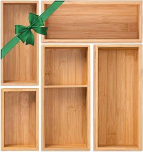 lot 7542 image: Bamboo Drawer Organizer 5 Pcs for Kitchen Multi-purpose Storage Dividers for Kitchen, Office, Jewelry, Cosmetics, Wooden Drawer Dividers for Drawer Organizer Desk Organizer Gift for Women Gifts Idea