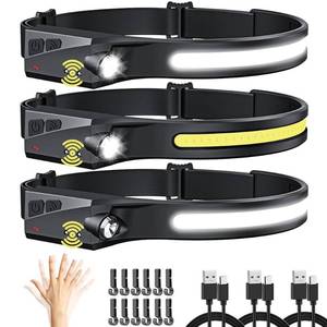 lot 7550 image: UUYEE Headlamp Rechargeable 3Pack, LED Headlamp Flashlight with Motion Sensor, 230° COB Wide Beam Head Lamp, 5Mode Head Lights for Forehead Waterproof, Bright Headlamps for Adults Running Camping