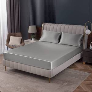 lot 7559 image: Homiest Light Grey Satin Fitted Sheet King Size, Deep Pocket, Luxury & Ultra Soft Bedding