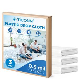 lot 7572 image: TICONN 12 x 9 Ft Plastic Drop Cloth for Painting, Waterproof Painters Plastic Sheeting, Painting Tarp for Furniture Cover, Floor Protection (3PK, 0.5Mil)
