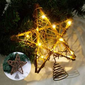 lot 7594 image: LAWOHO Christmas Tree Topper Star, 10-inch Rustic Brown Rattan Natural with 10 Warm White Lights Three Functions with Timer, Seasonal Decoration for Festive Christmas Home Indoor Ornament