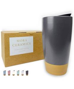 lot 7596 image: Mora Double Wall Ceramic Coffee Travel Mug, 14 oz, Portable, Microwave, Dishwasher Safe, Insulated Reusable Tall Cup - To Go Tumbler for Car Cup Holder, Nightwaves NO LID INCLUDED