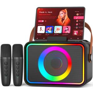 lot 7602 image: Karaoke Machine,Portable Bluetooth Speaker with 2 Wireless Microphone for Adults & Kids with LED Lights, Karaoke Microphone with PA System Supports USBTFAUX,Gift for Party (Black)